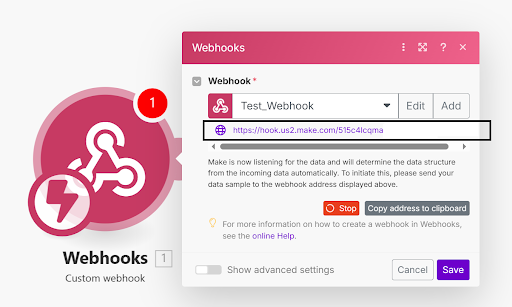 Copying a Make webhook url.