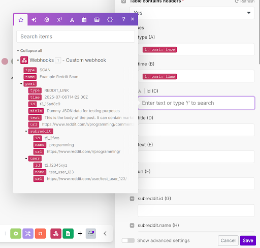 Mapping webhook scan properties to Google Sheet headers.