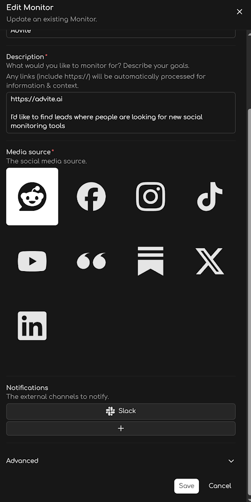 Configure a Make webhook Connection with a Monitor in Advite.