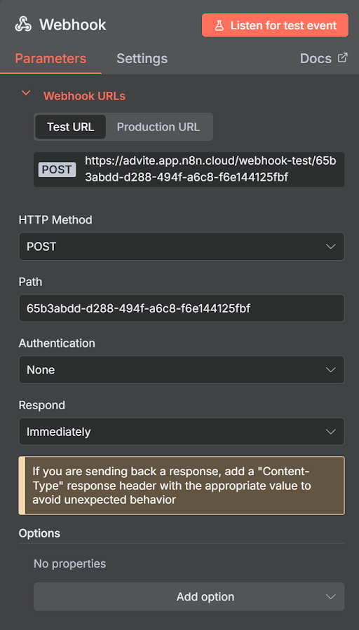 A create form for a webhook in n8n.