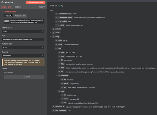 Viewing a webhook result in n8n.