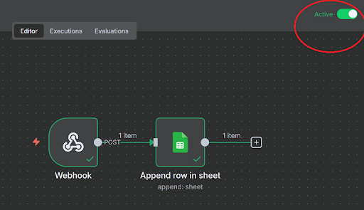 Toggling production in a n8n workflow.