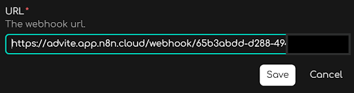 Pasting the production webhook url into the Advite Connection.