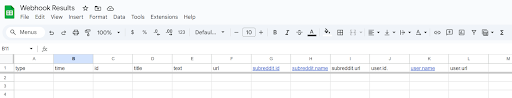 View of the Google Sheets sheet with scan headers.
